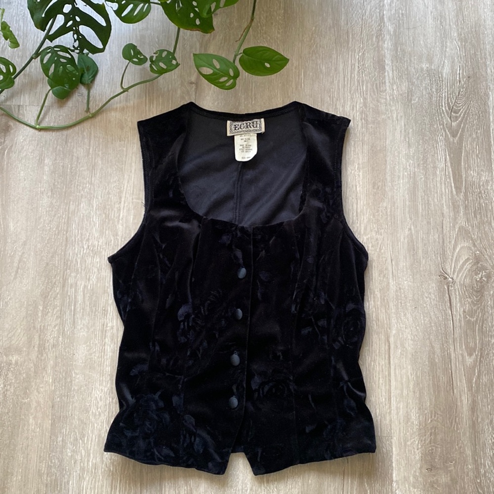 Vintage 90’s Ecru Black Floral Printed Velvet Bustier Vest Top